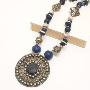 Ancient African Ethinic Beaded Silver Tibetan Ornate Pendant Necklace, Blue